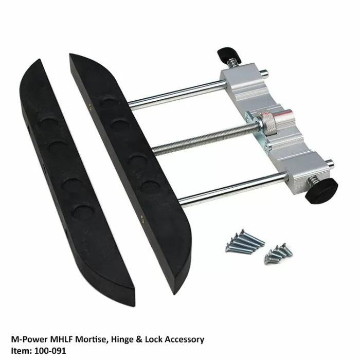 Mortise hinge and lock jig accessory with black clamps, metal rods, and screws for woodworking