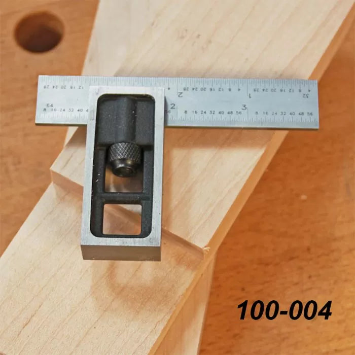 Precision woodworking square measuring wood boards on a workbench, tool number 100-004