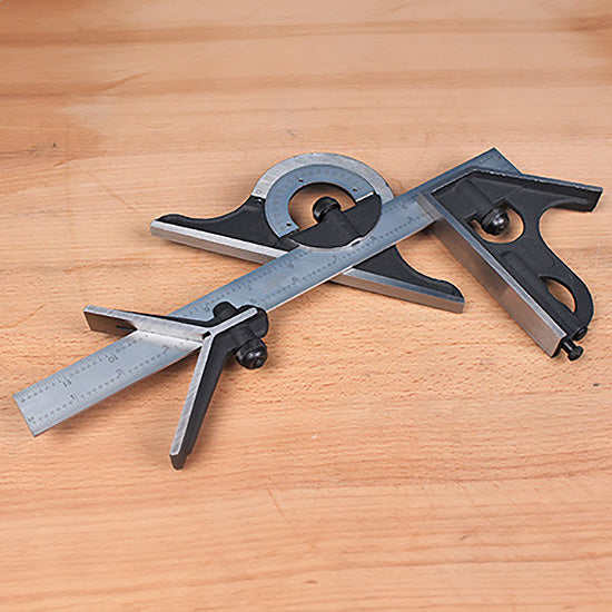 Combination square set with ruler and protractor on a woodworking bench
