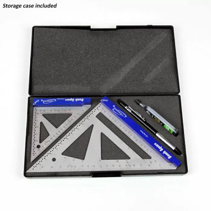 Woodworking square set with rulers, pencils, and marker in foam-padded storage case