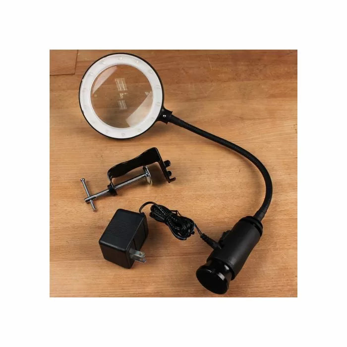 Workbench LED magnifying lamp with clamp and power adapter for woodworking precision tasks