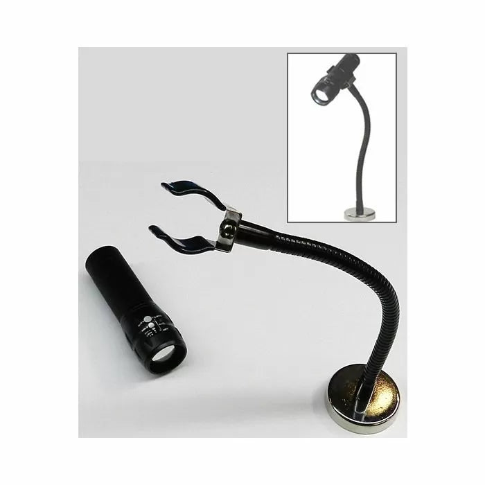 Flexible gooseneck magnetic base LED flashlight with clamp for woodworking tasks