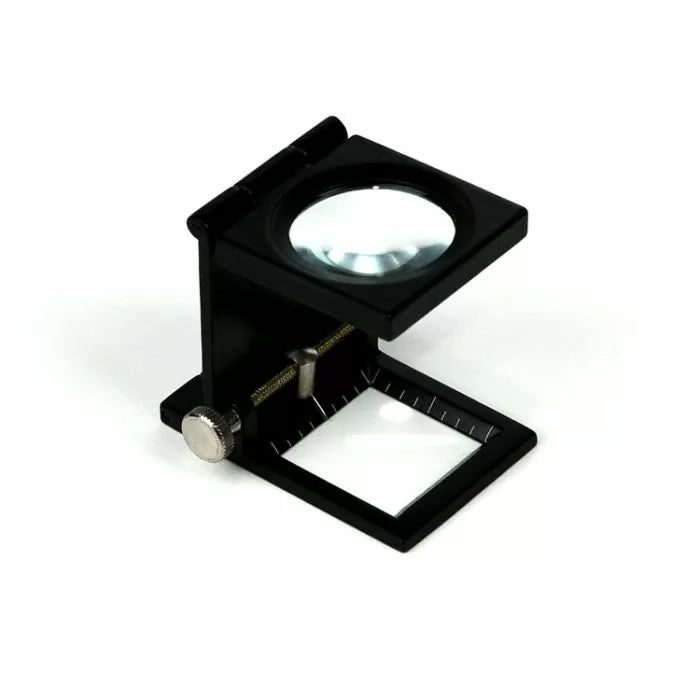 Folding linen tester magnifier tool with measuring scale for woodworking detail inspection