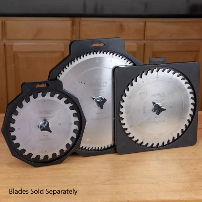 Three circular saw blades in protective cases on a wooden workbench, woodworking tool storage.