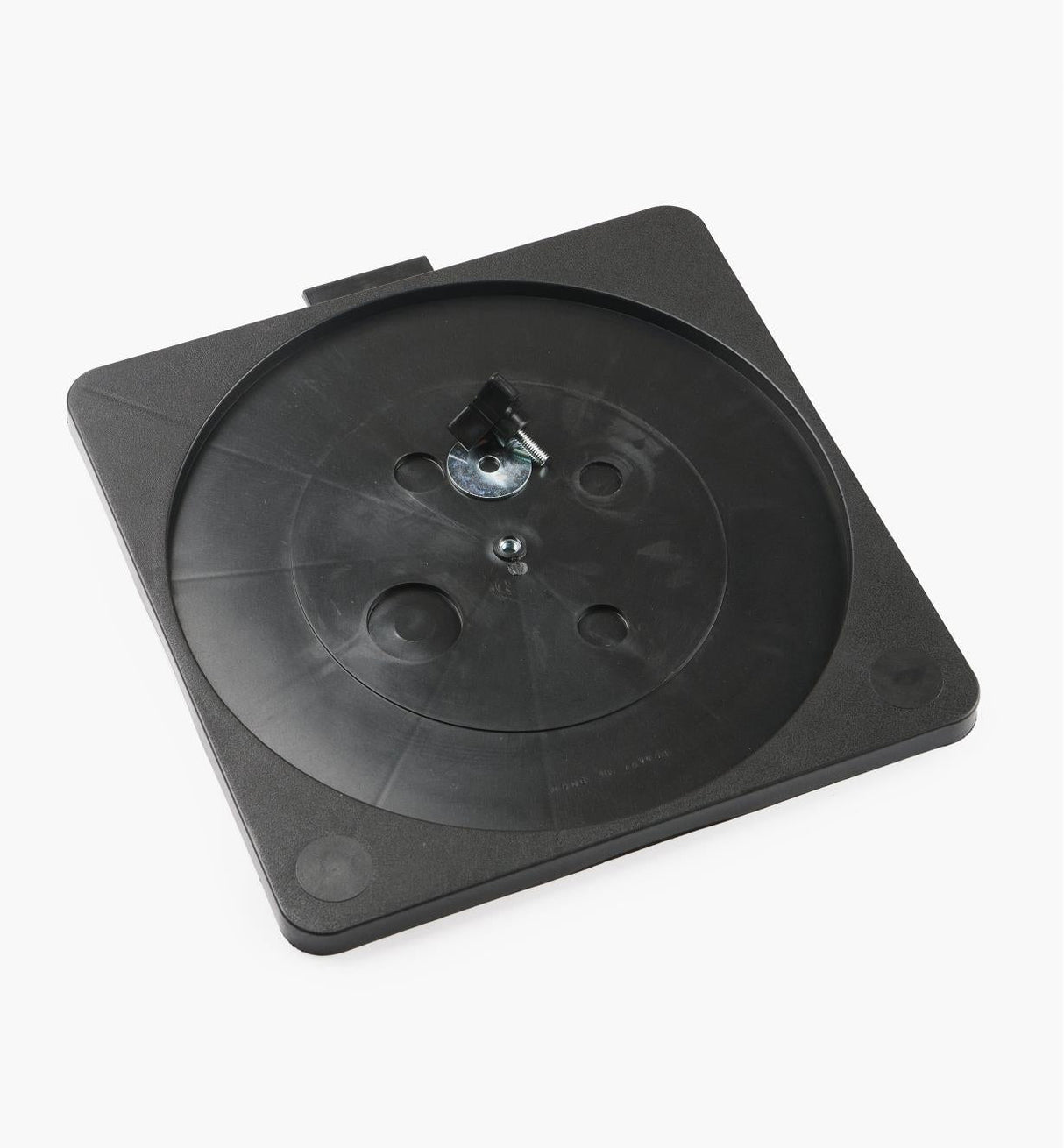 Black plastic turntable swivel base for woodworking jigs and router table accessories