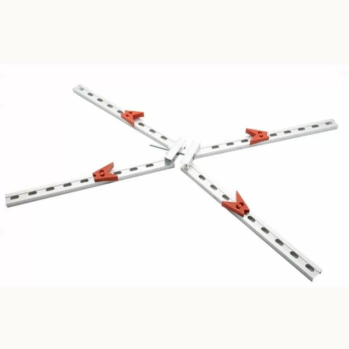 Adjustable woodworking crosscut sled with aluminum rails and red positioning stops