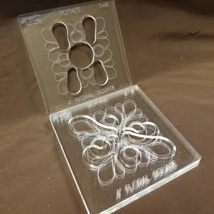 Clear acrylic 4-inch floral square quilting template with intricate petal cutouts for woodworking