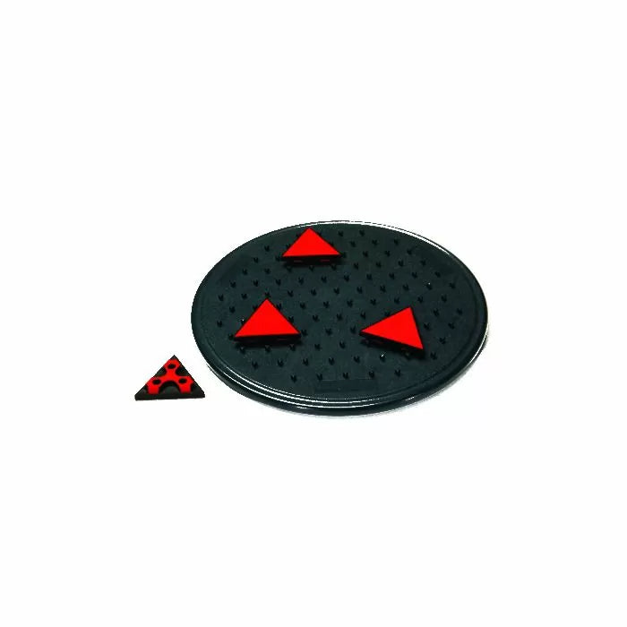 Black non-slip pad with red triangular woodworking bench cookies for stable work holding
