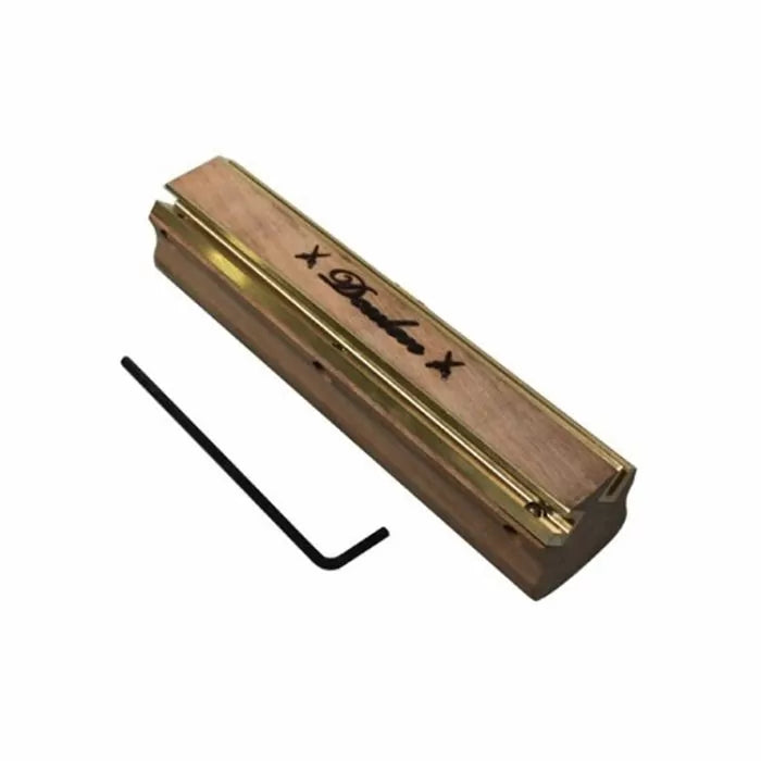 Woodworking marking gauge with brass accents and included hex key on white background