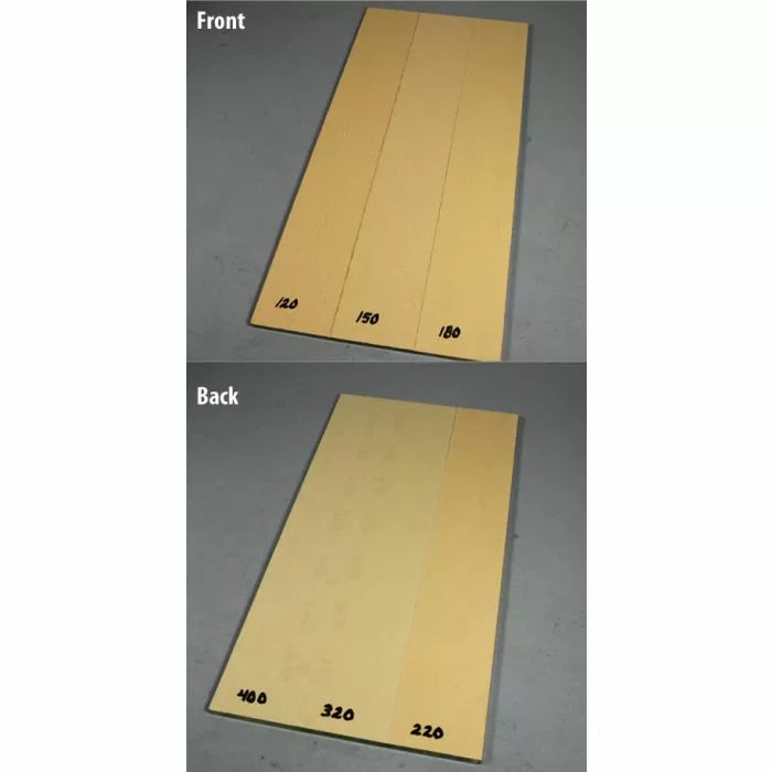 Double-sided sanding block with labeled grit sections 120, 150, 180, 220, 320, 400 for woodworking