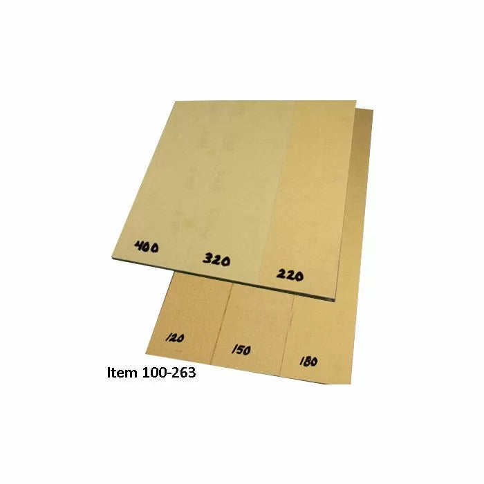 Assorted grit sandpaper sheets labeled 120 to 400 for woodworking finishing projects
