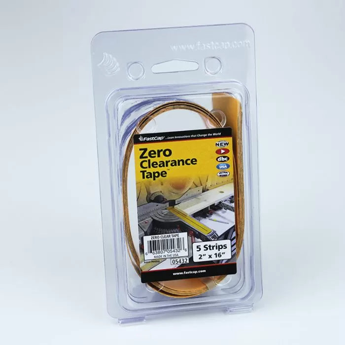Zero Clearance Tape woodworking accessory pack with five 2x16 inch strips in clear plastic packaging