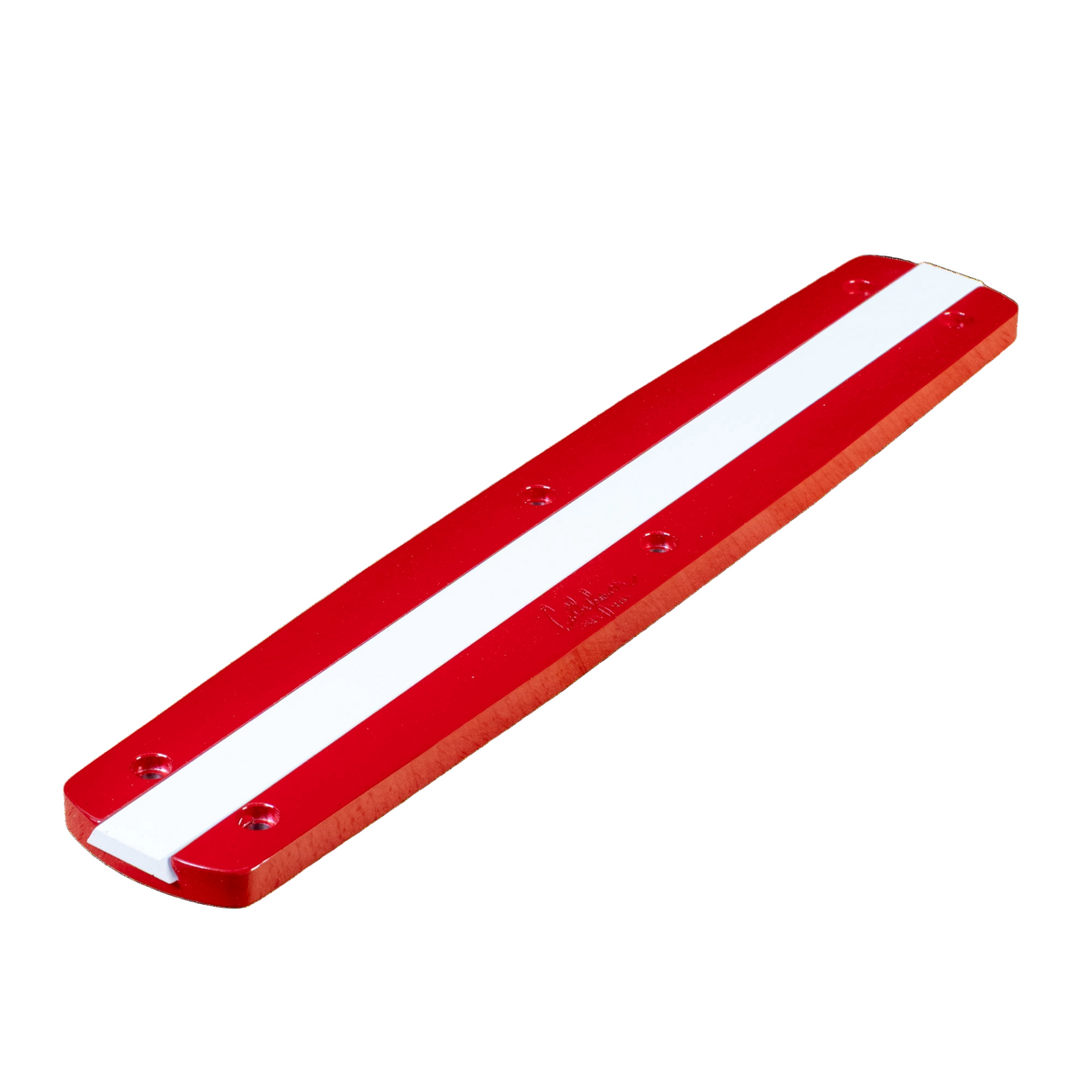 Red and white zero clearance insert for table saw on white background