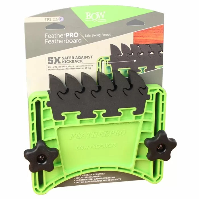 FeatherPRO Featherboard woodworking safety tool in green and black packaging