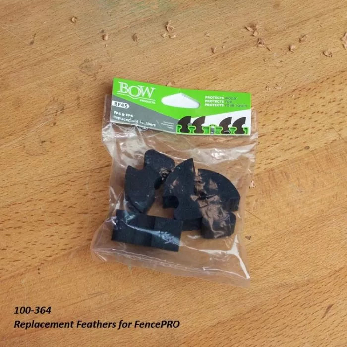 Replacement feathers for FencePRO in plastic bag on woodworking table