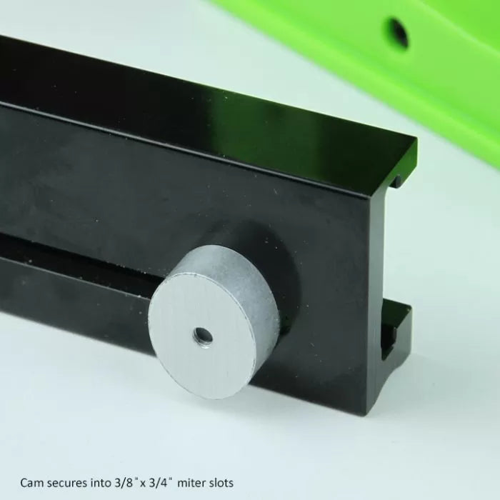 Close-up of a miter slot cam accessory for woodworking, fits 3/8 x 3/4 inch miter slots.