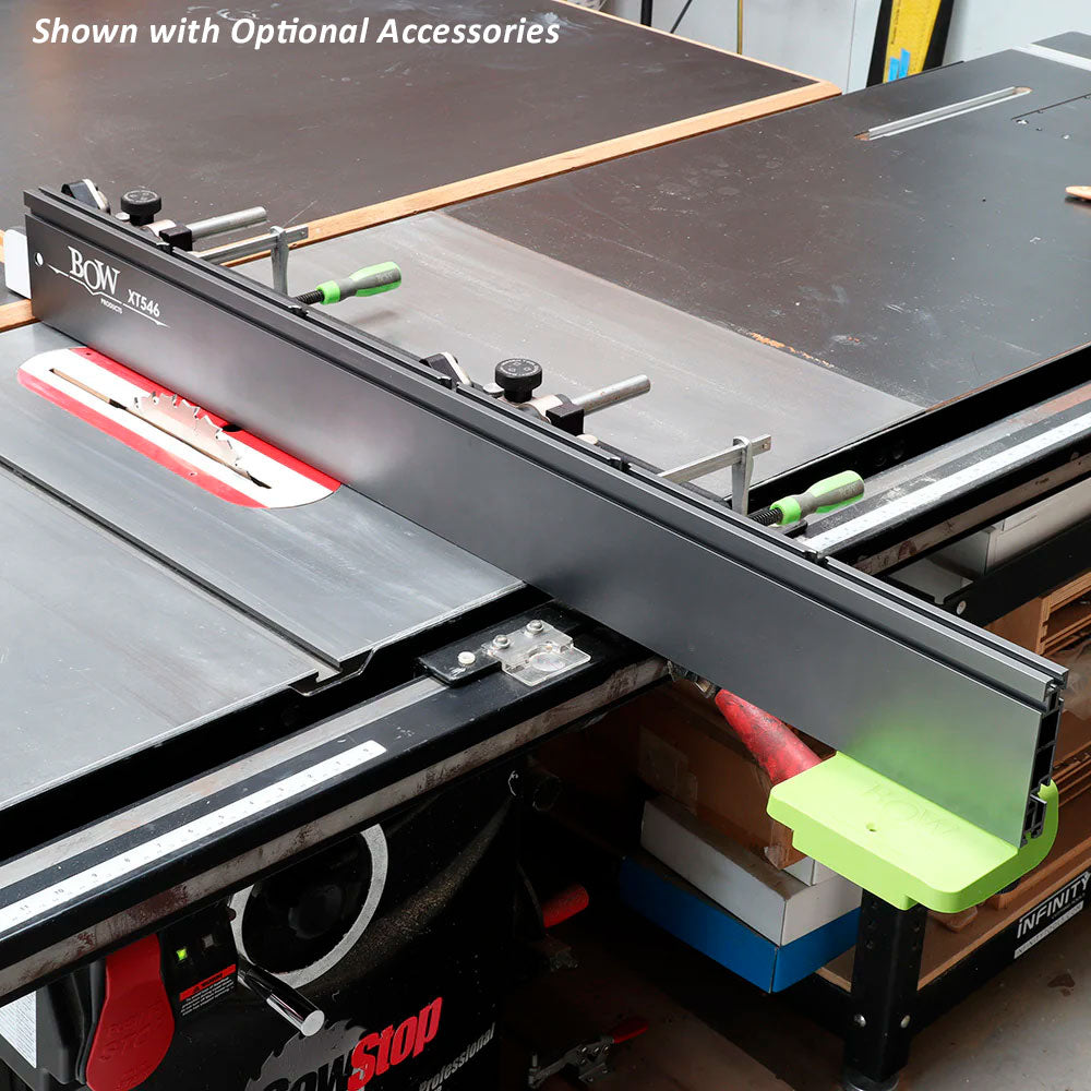 Table saw with precision fence system, push block, and auxiliary accessories for woodworking