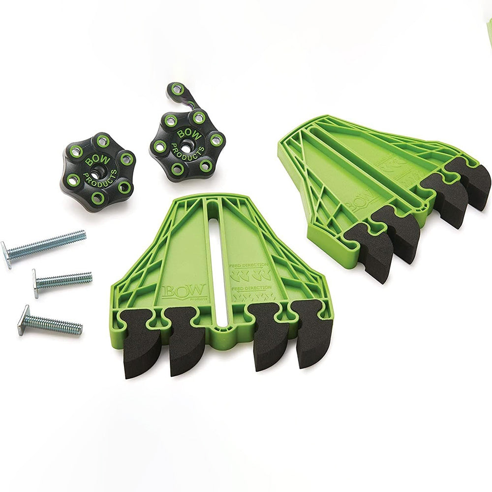 Green woodworking featherboard set with mounting knobs and bolts for saw safety and precision