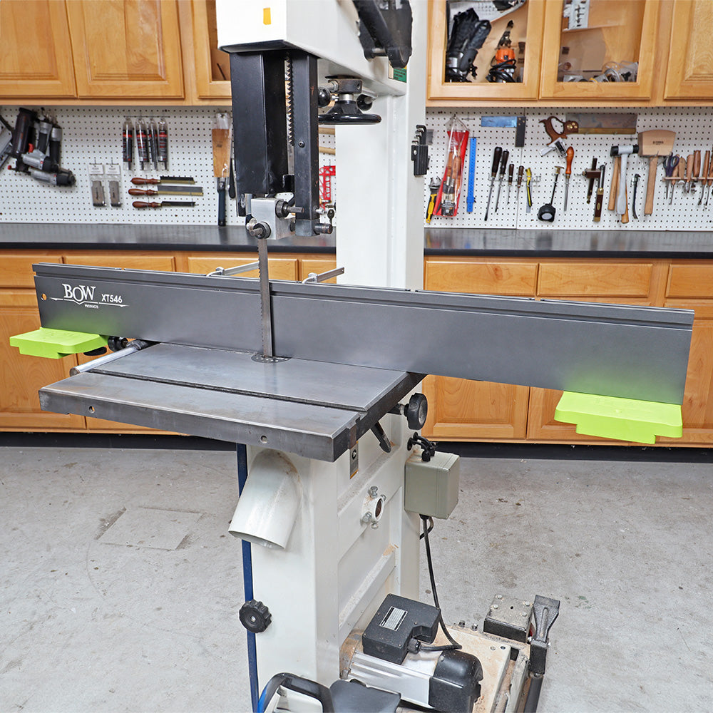 Band saw with BOW XT546 fence system and high visibility guides in a woodworking shop
