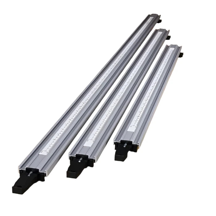 Set of three aluminum woodworking T-tracks with integrated measurement scales