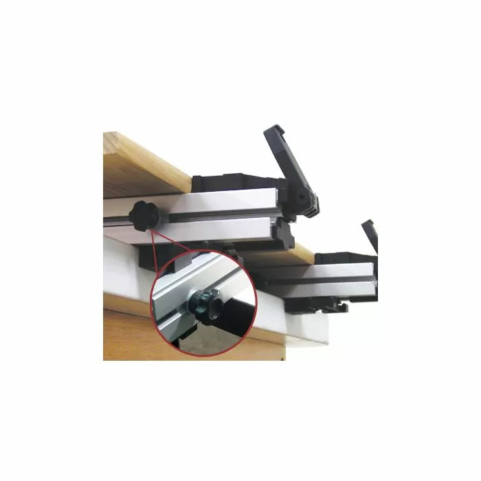 Woodworking router table fence system with close-up on mounting hardware detail