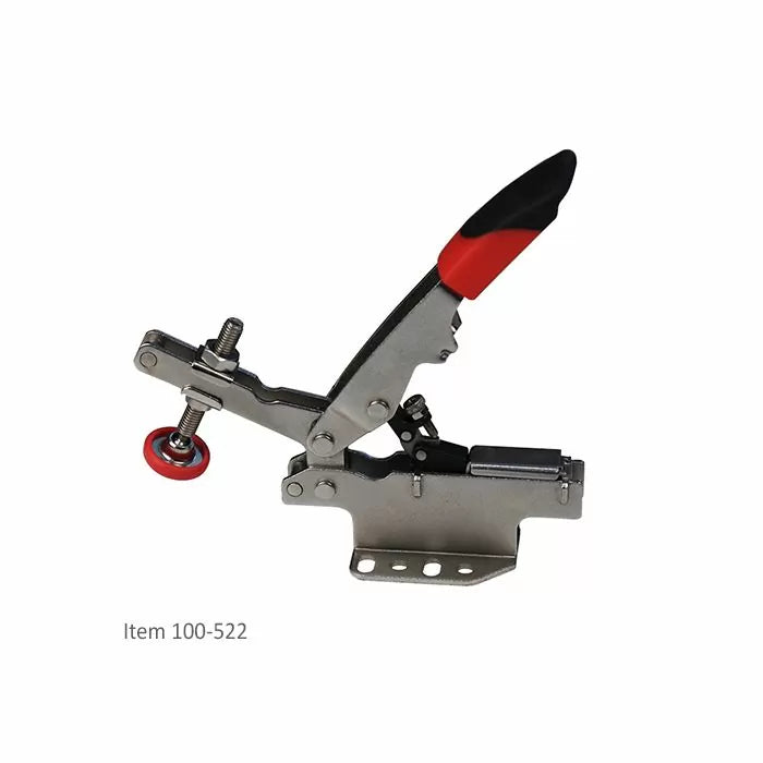 Horizontal toggle clamp with red handle and adjustable pressure foot for woodworking