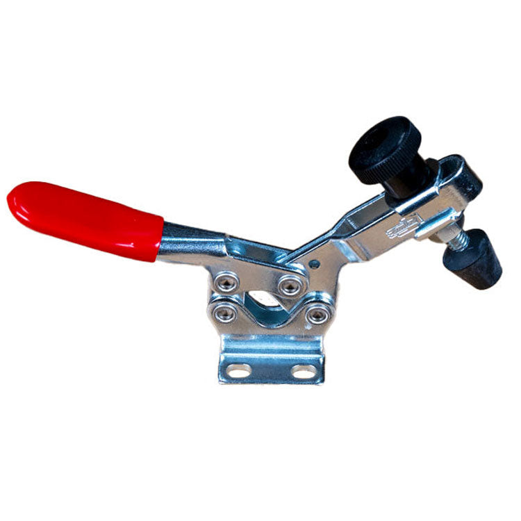 Infinity Tools medium toggle clamp with red handle grips and black quick-set knob on a white background