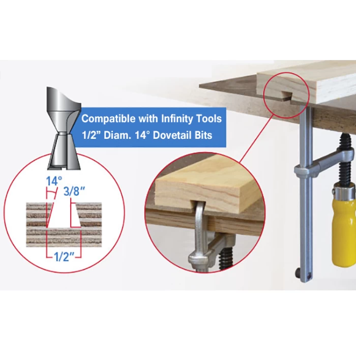 Router table setup showing 14-degree dovetail bit making groove in wood with clamp detail.