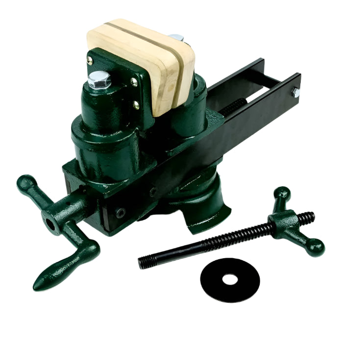 Green woodworking vise with wooden jaws and handle, heavy-duty bench clamp tool