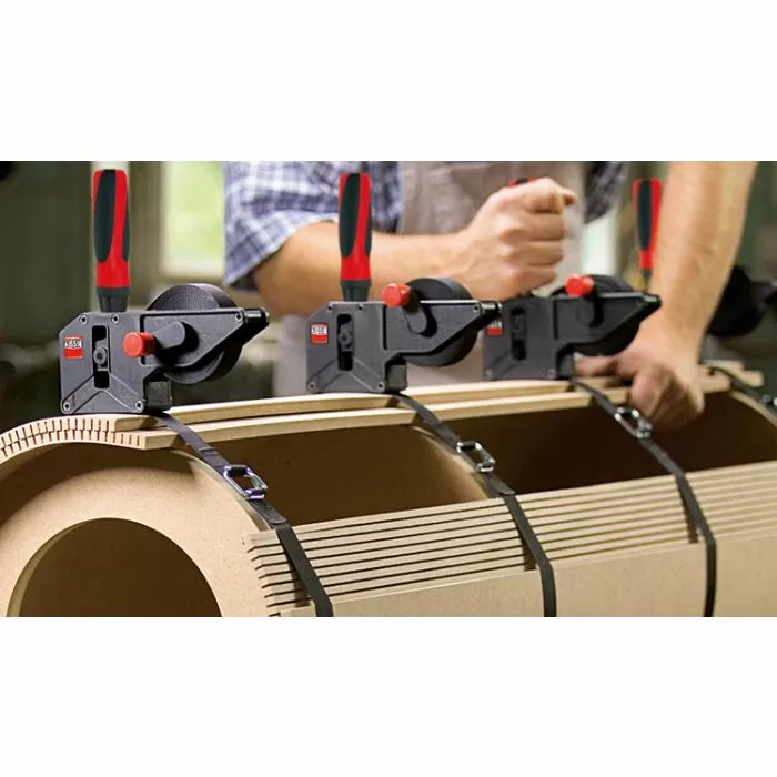 Adjustable band clamps securing curved wood for woodworking project