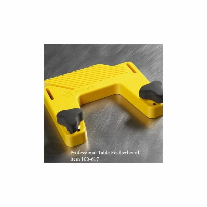 Yellow professional table featherboard for woodworking on a metal work surface