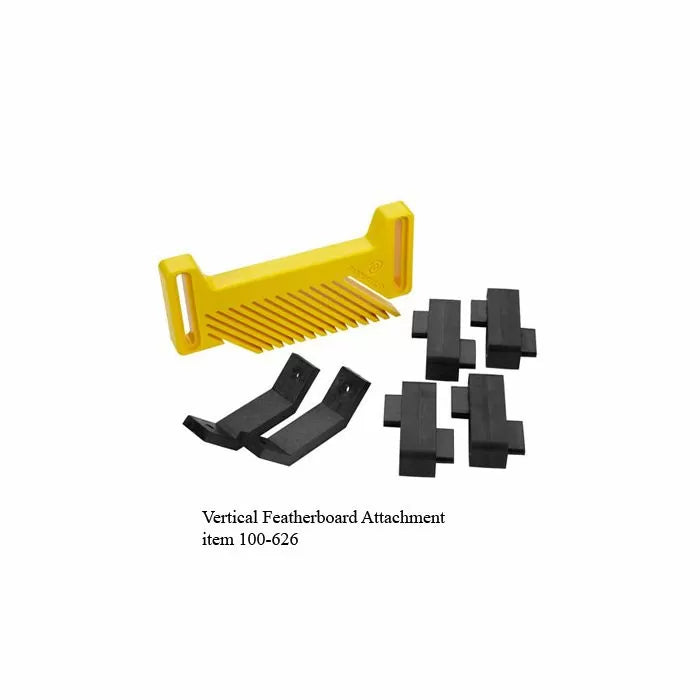 Yellow vertical featherboard attachment with black mounting hardware for woodworking