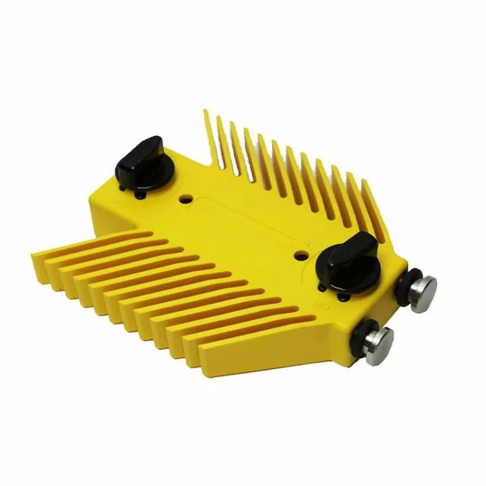Yellow woodworking featherboard with adjustable knobs for table saw or router table safety
