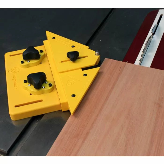 Yellow table saw jig guiding wood for precise angled cuts, woodworking tool in use