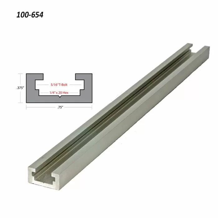 Aluminum t-track with cross-section diagram for woodworking jigs and fixtures, 3/4" x 3/8" profile.