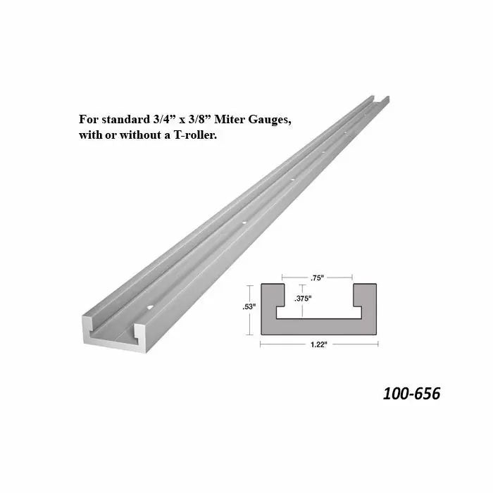 Aluminum miter track rail with diagram, fits 3/4 x 3/8 inch miter gauges, woodworking accessory.