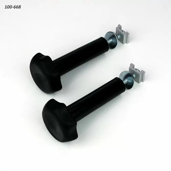 Pair of black T-track knobs and bolts for woodworking jigs and fixtures