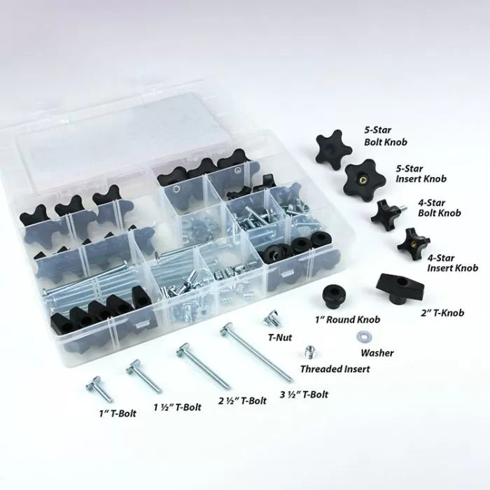 Woodworking jig hardware kit with knobs, T-bolts, T-nuts, washers, and inserts in organizer box.