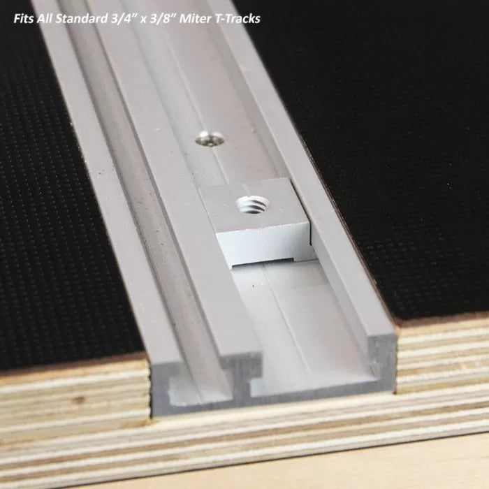 Aluminum miter T-track installed in plywood, fits 3/4" x 3/8" woodworking jigs and fixtures