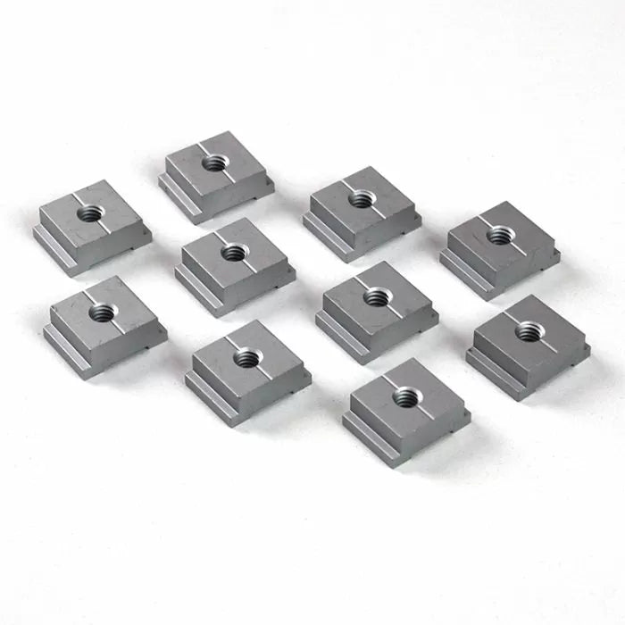 Set of ten square aluminum t-slot nuts for woodworking and router table accessories