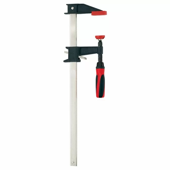 Woodworking F-style bar clamp with red handle and black jaws for secure clamping