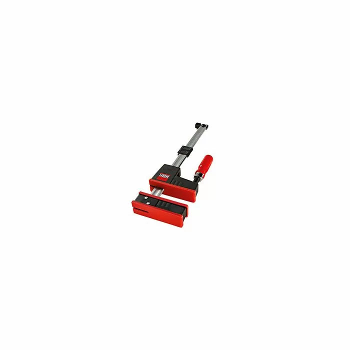 Heavy-duty woodworking parallel jaw clamp with red handles and large clamping surfaces