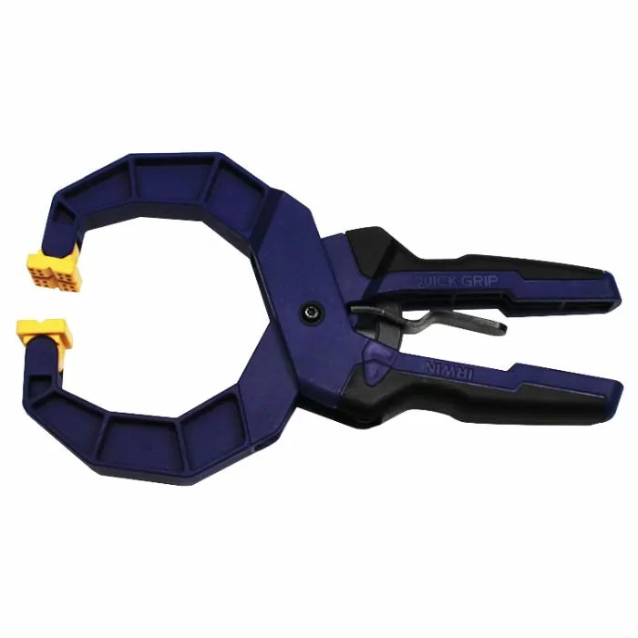 Blue plastic quick-grip woodworking clamp with yellow pads for secure holding