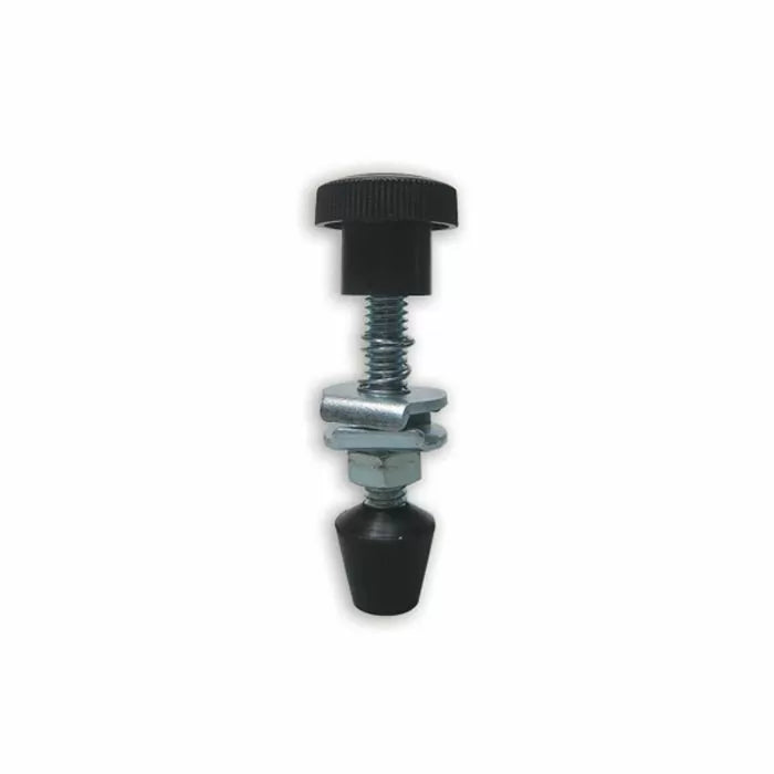 Adjustable router table leveling foot with threaded bolt and rubber tip for woodworking