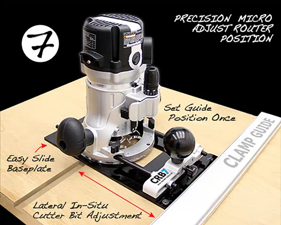 Router guide jig with micro-adjustment, clamp guide, and sliding baseplate on wood.
