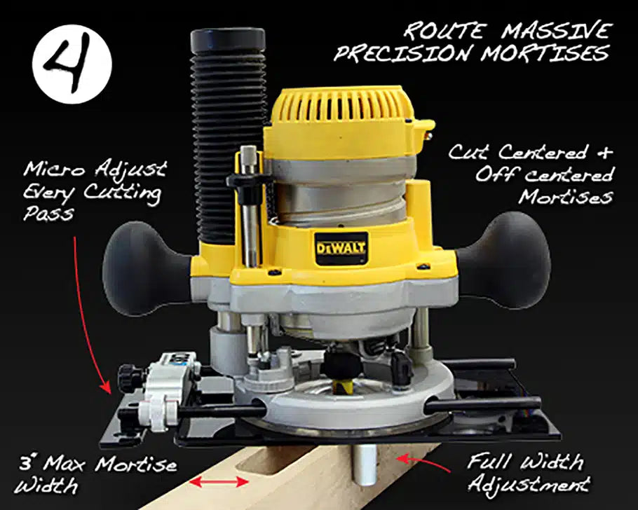 Adjustable woodworking router jig creating precision mortises with micro adjustment on wood