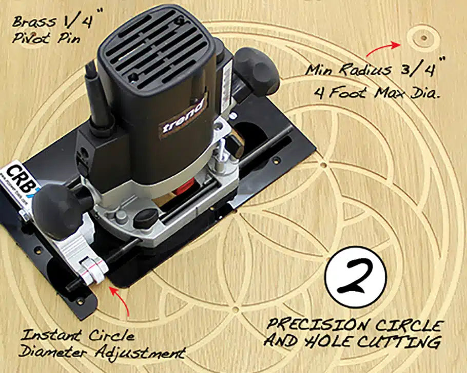 Router with circle cutting jig on wood, precision tool for cutting circular designs.