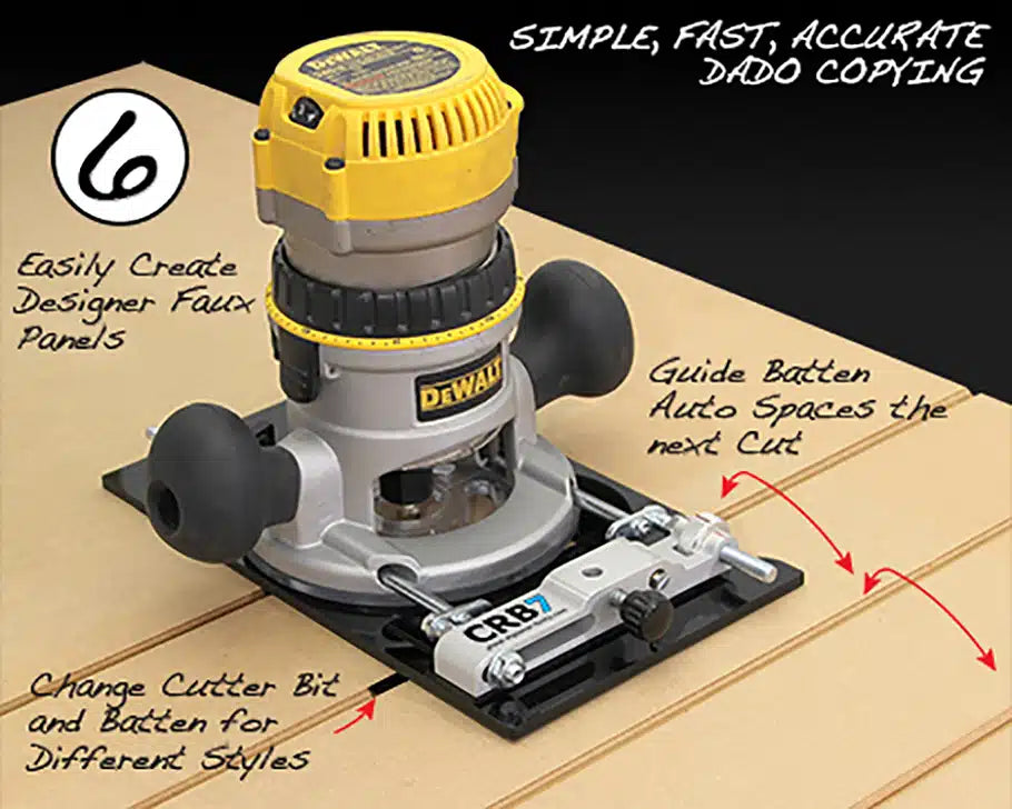 Router with CRB7 jig making precise dado cuts in wood panel, woodworking tool in action.