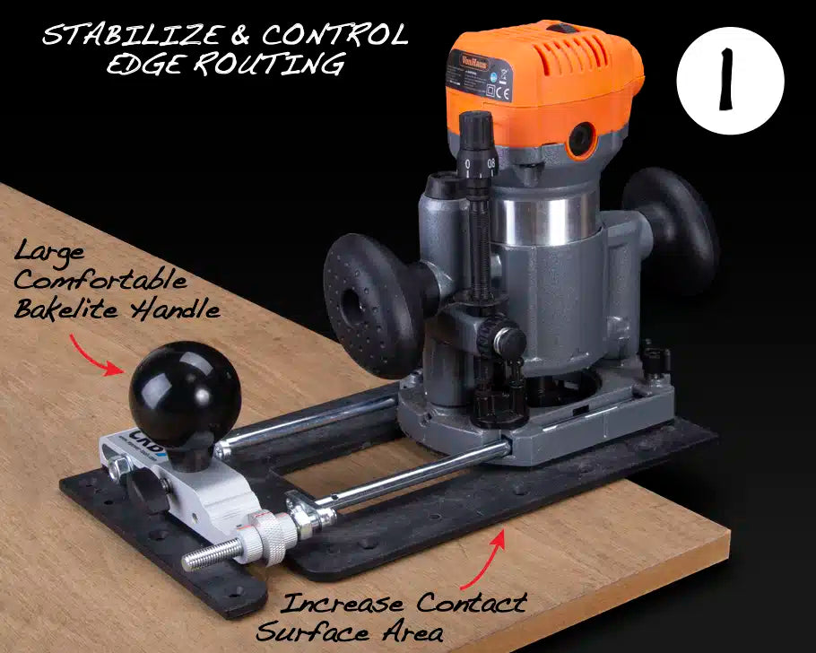 Router with offset base plate and Bakelite handle for precise edge routing on wood.