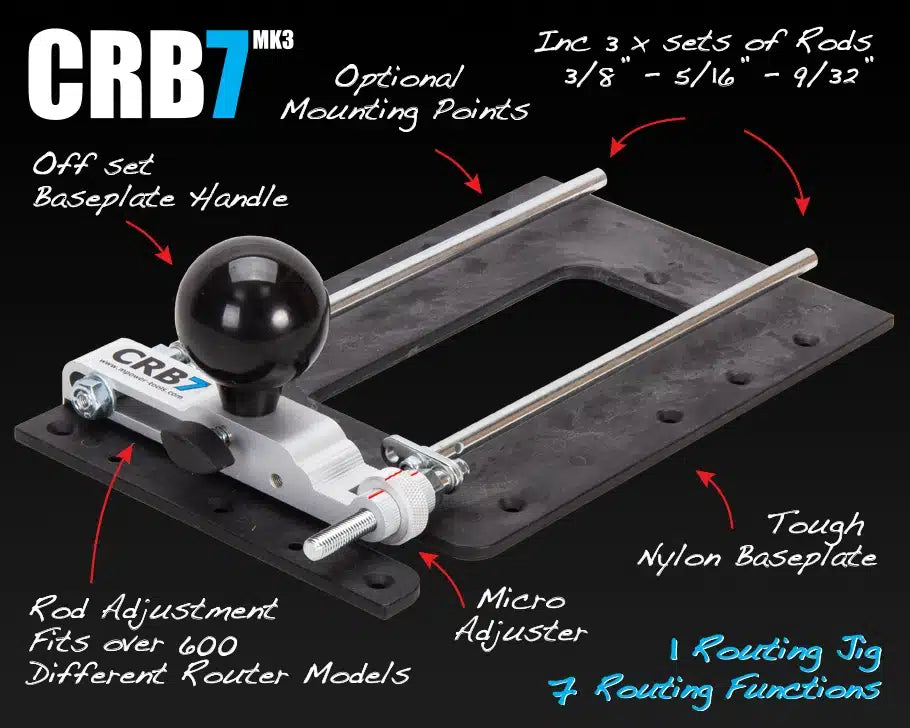 Router jig CRB7 MK3 with adjustment handle, rods, and durable nylon baseplate for woodworking.